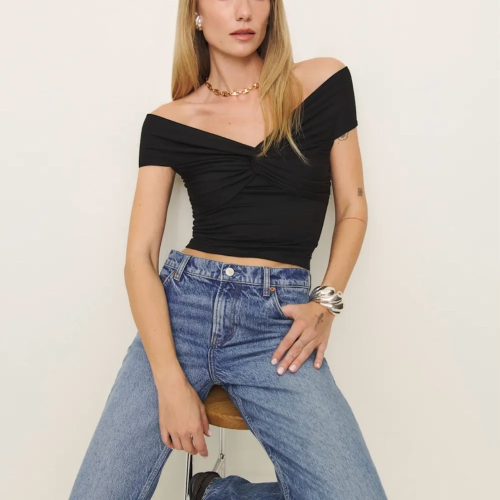 Reformation Black Off-Shoulder Crop Top